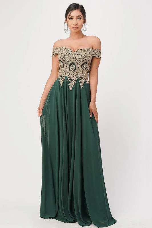 Plus Size Off Shoulder Chiffon Gown with Gold Lace