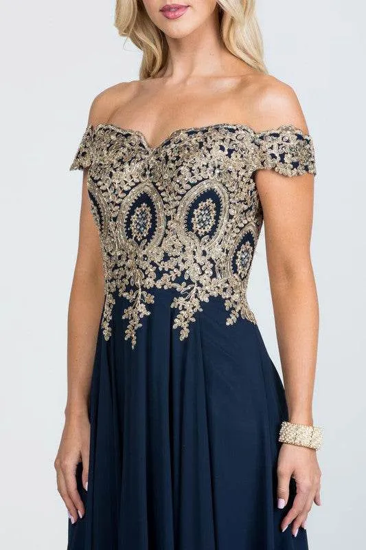 Plus Size Off Shoulder Chiffon Gown with Gold Lace
