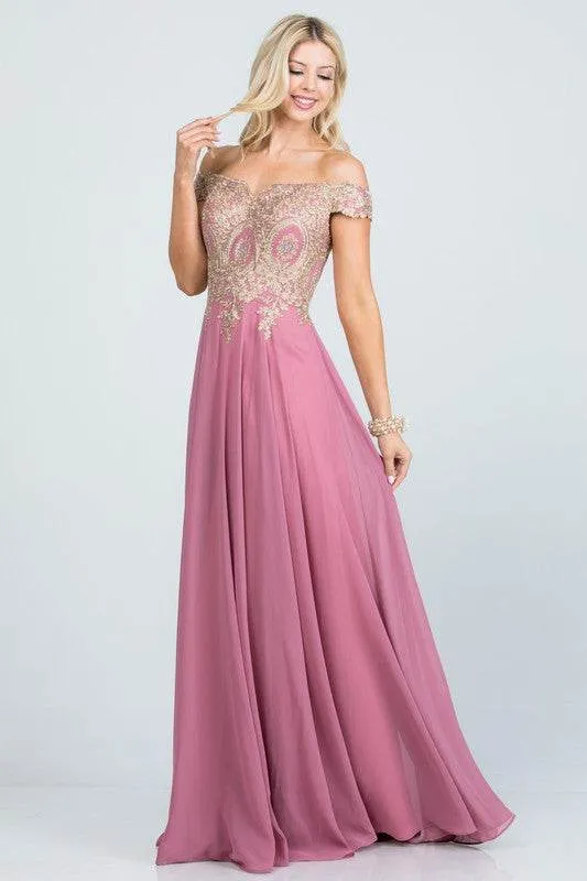 Plus Size Off Shoulder Chiffon Gown with Gold Lace