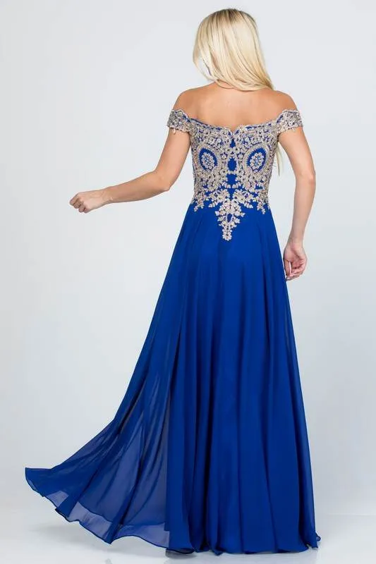 Plus Size Off Shoulder Chiffon Gown with Gold Lace