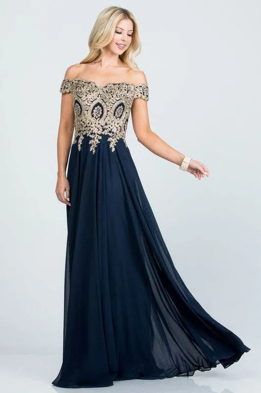 Plus Size Off Shoulder Chiffon Gown with Gold Lace