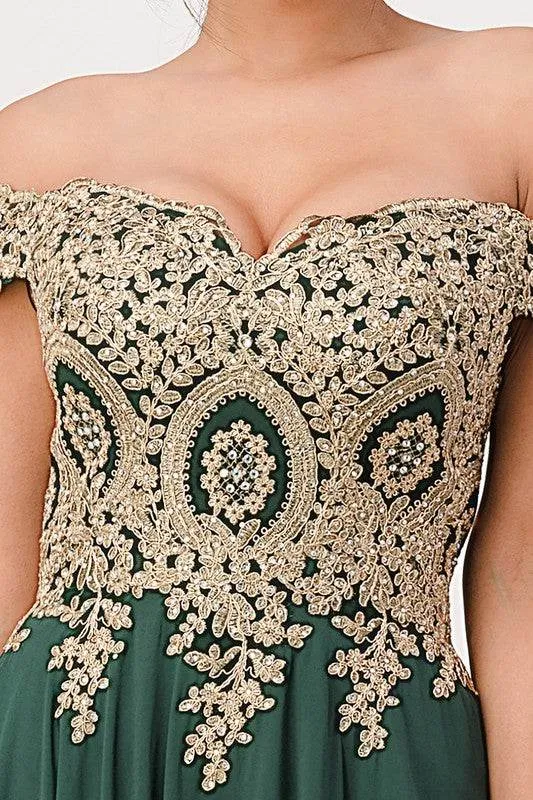 Plus Size Off Shoulder Chiffon Gown with Gold Lace