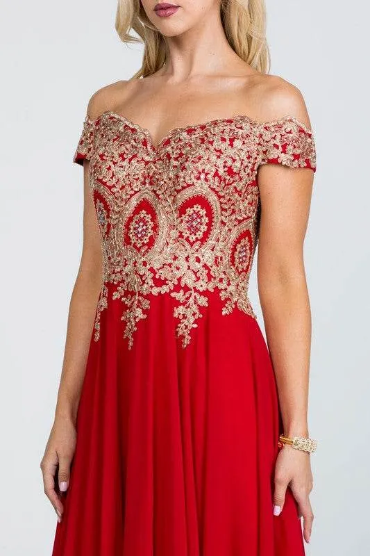 Plus Size Off Shoulder Chiffon Gown with Gold Lace
