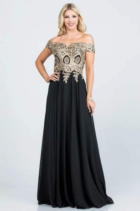 Plus Size Off Shoulder Chiffon Gown with Gold Lace
