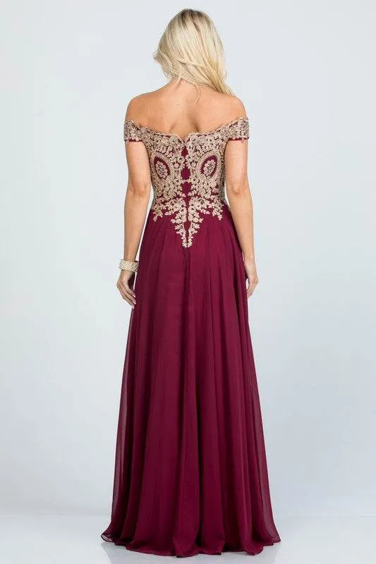 Plus Size Off Shoulder Chiffon Gown with Gold Lace