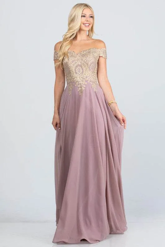 Plus Size Off Shoulder Chiffon Gown with Gold Lace