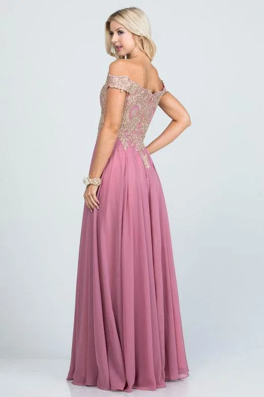 Plus Size Off Shoulder Chiffon Gown with Gold Lace