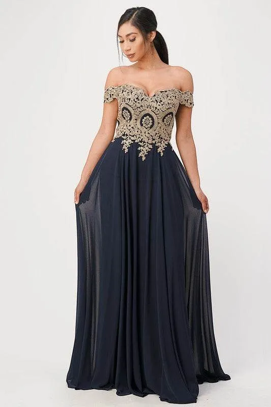 Plus Size Off Shoulder Chiffon Gown with Gold Lace