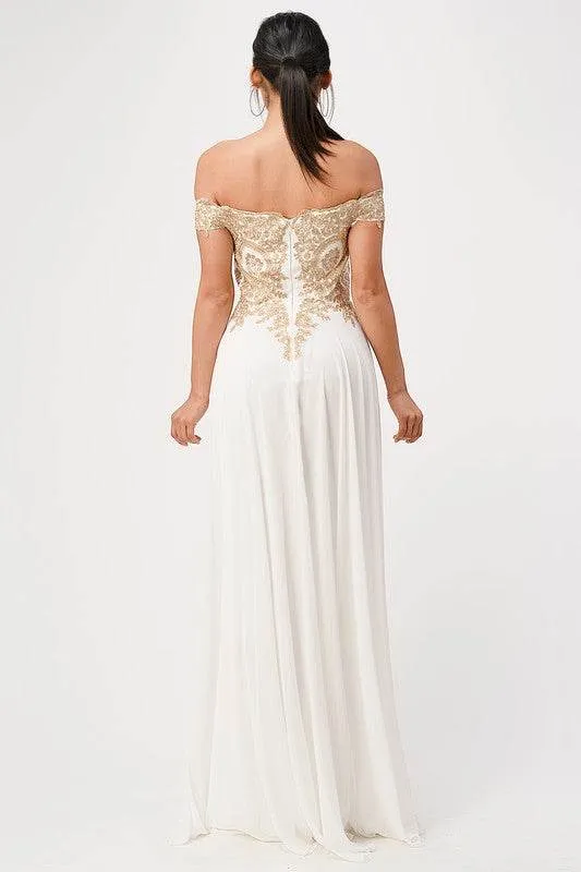 Plus Size Off Shoulder Chiffon Gown with Gold Lace