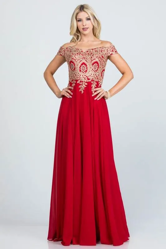 Plus Size Off Shoulder Chiffon Gown with Gold Lace