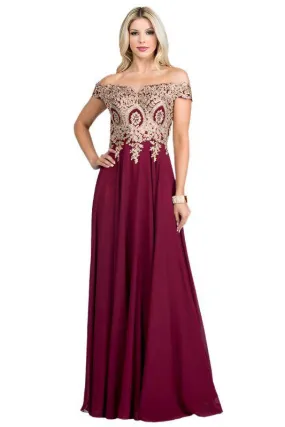 Plus Size Off Shoulder Chiffon Gown with Gold Lace