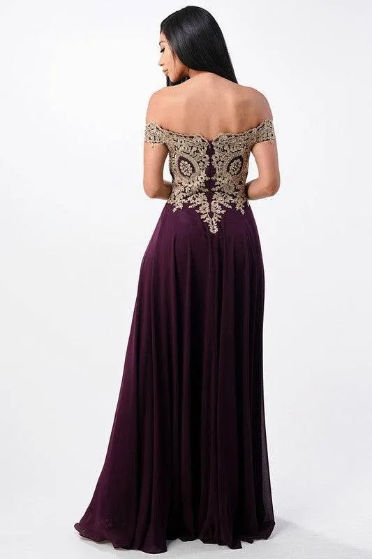 Plus Size Off Shoulder Chiffon Gown with Gold Lace