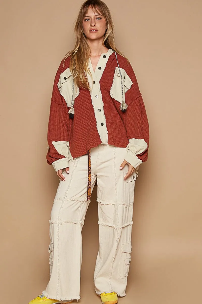 POL Thermal Knit Hooded Balloon Sleeve Elbow Patch Double Pocket Shacket