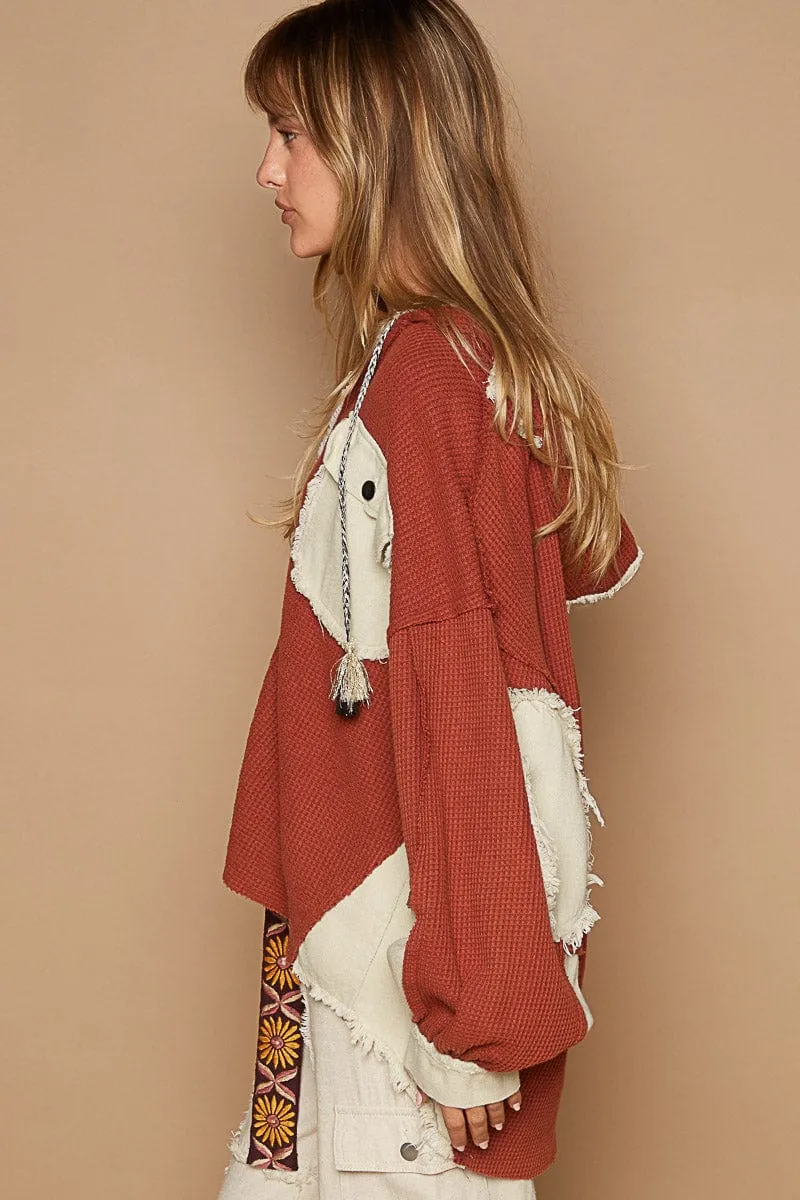 POL Thermal Knit Hooded Balloon Sleeve Elbow Patch Double Pocket Shacket