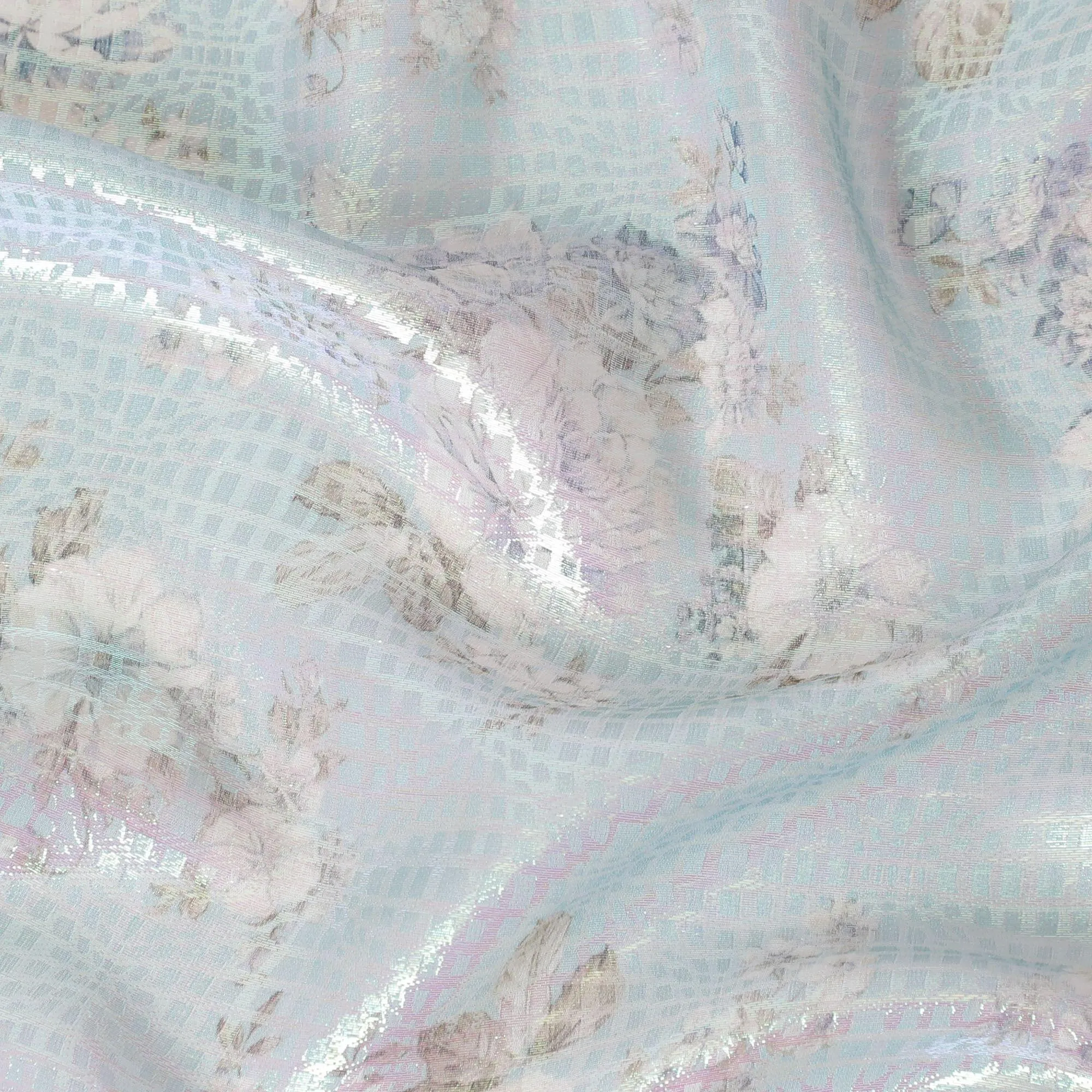 Powder blue Premium pure silk chiffon fabric with multicolor print having neon green metallic lurex in floral design-D15466