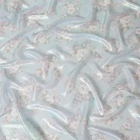 Powder blue Premium pure silk chiffon fabric with multicolor print having neon green metallic lurex in floral design-D15466