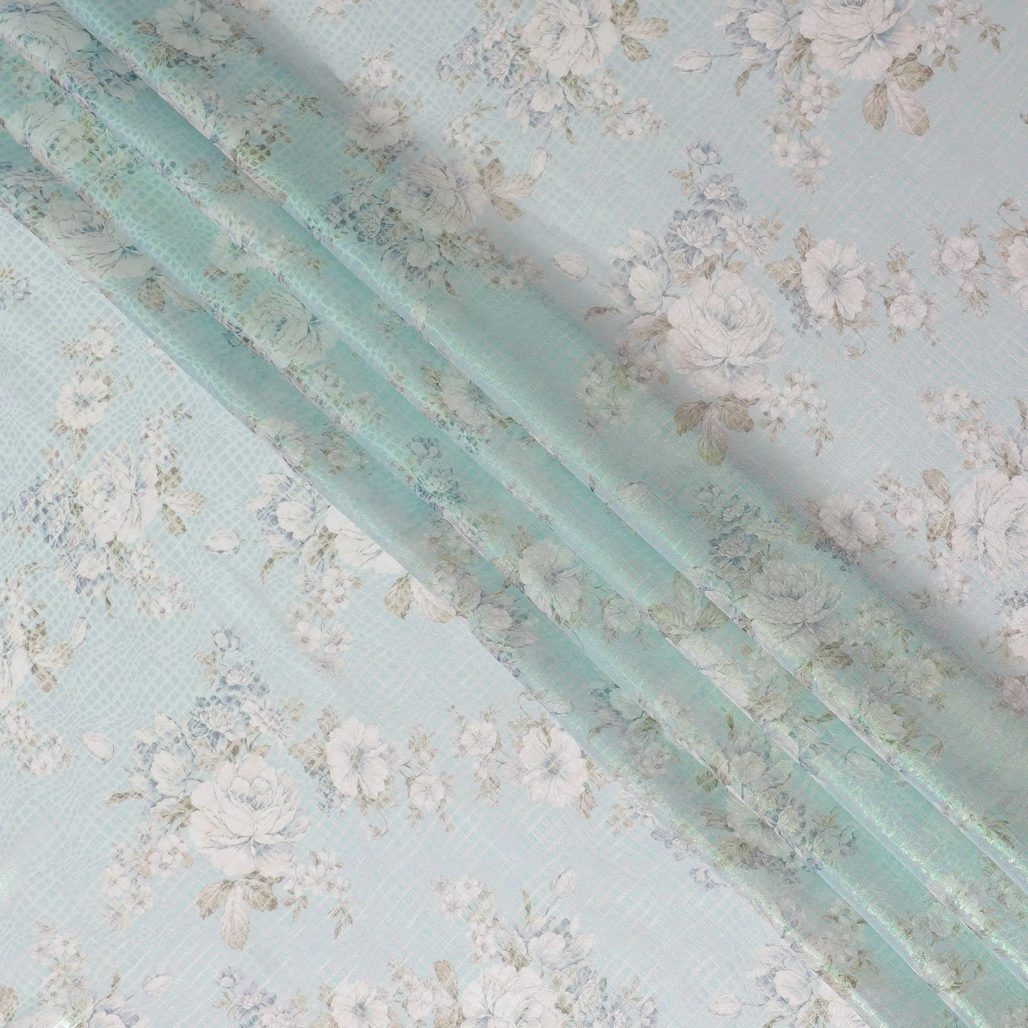 Powder blue Premium pure silk chiffon fabric with multicolor print having neon green metallic lurex in floral design-D15466