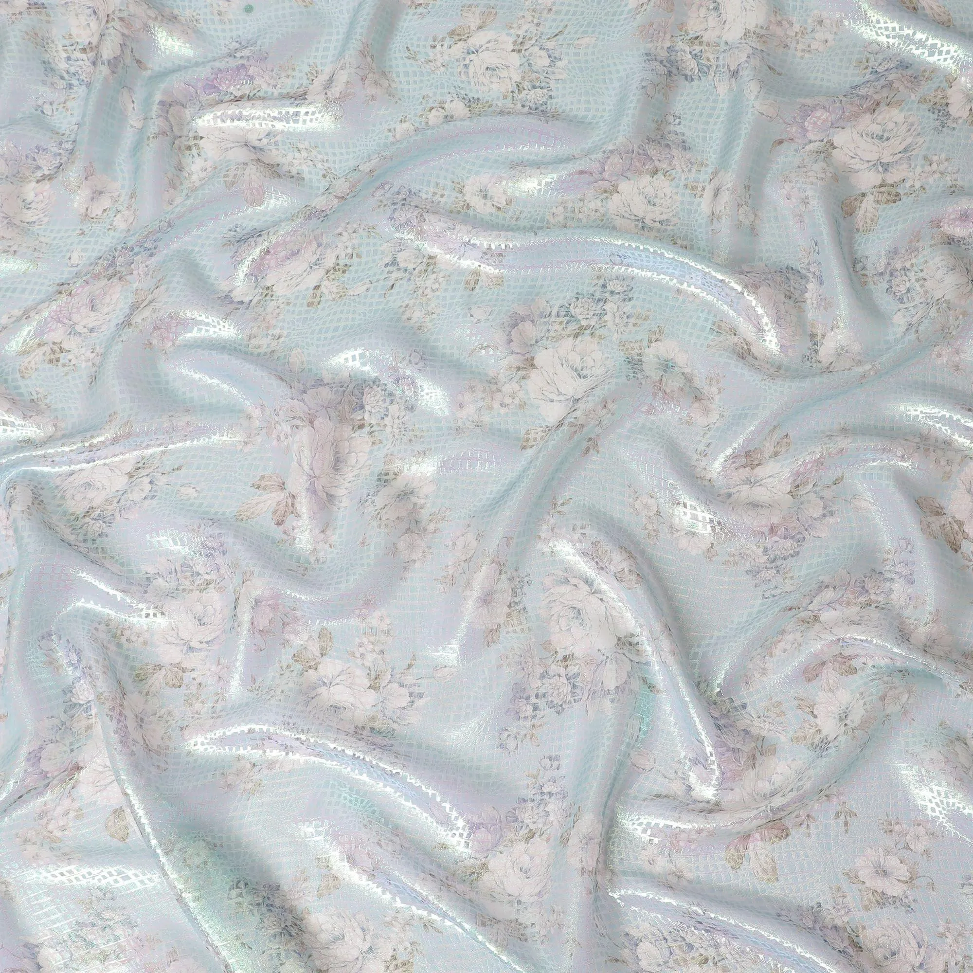 Powder blue Premium pure silk chiffon fabric with multicolor print having neon green metallic lurex in floral design-D15466