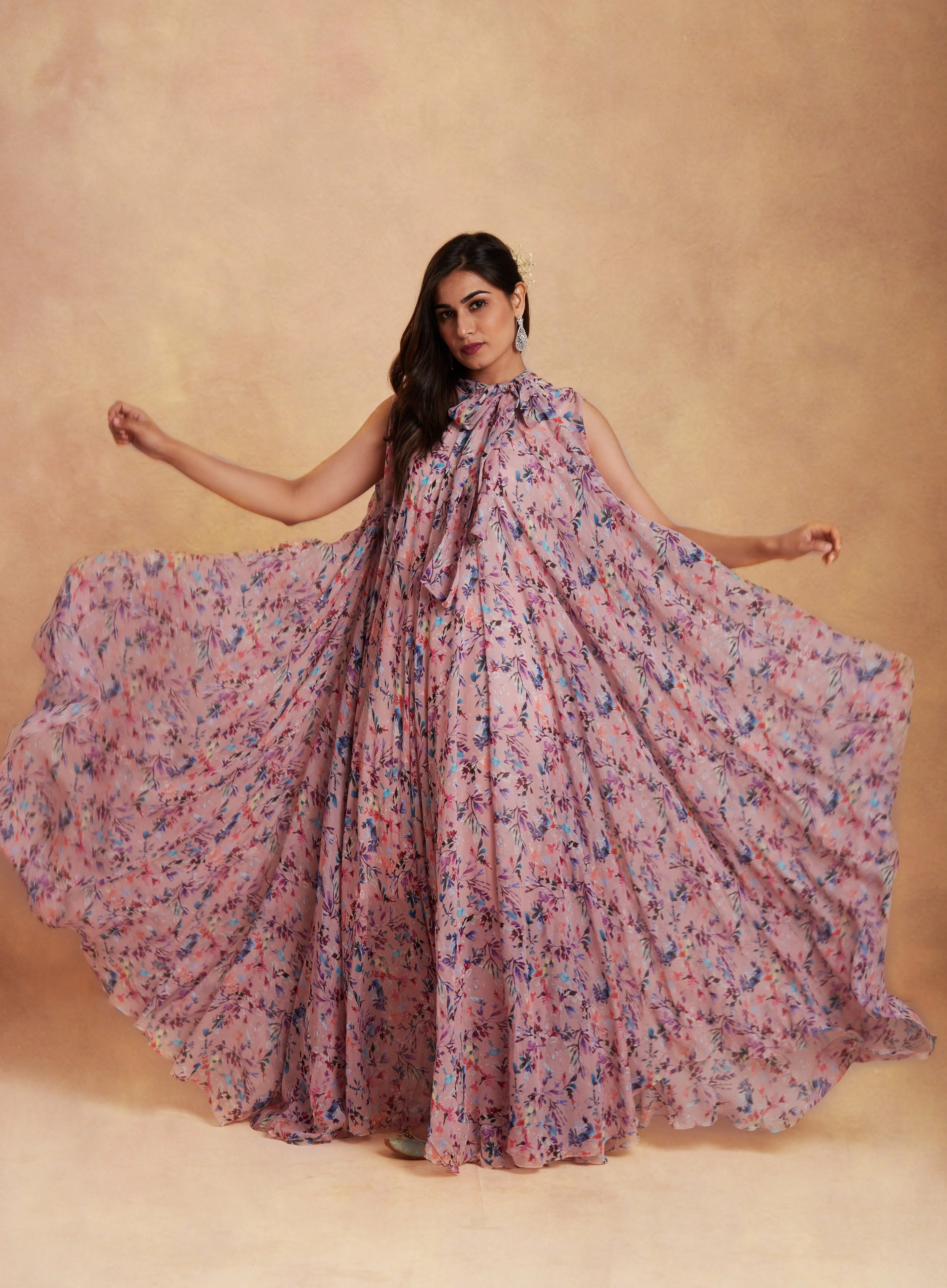 Printed Bow Tie Gown