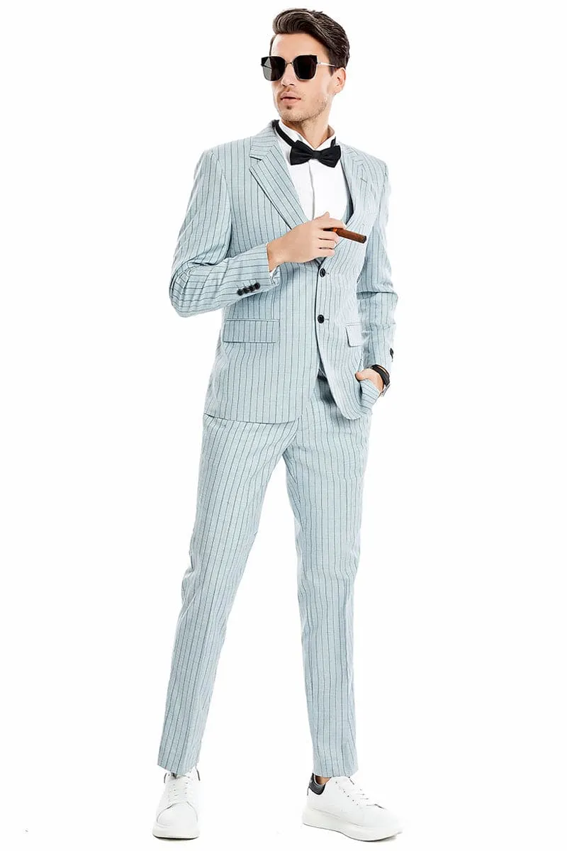 "Vintage Pinstripe Suit for Men - Two Button, Wide Notch Lapel, Vested in Mint