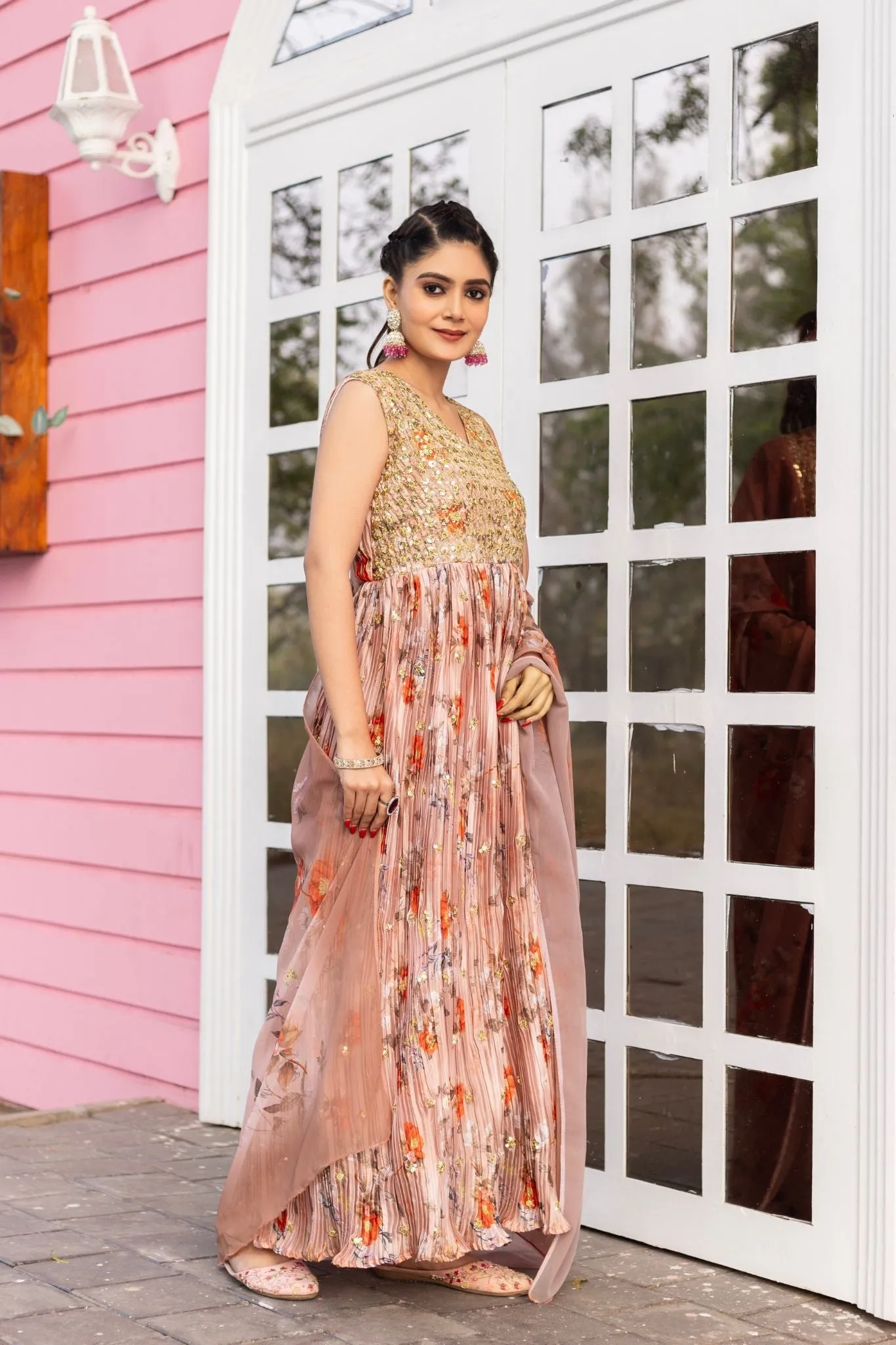 Rich Sequins Embroidered With Printed Designer Gown With Dupatta