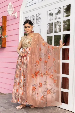 Rich Sequins Embroidered With Printed Designer Gown With Dupatta
