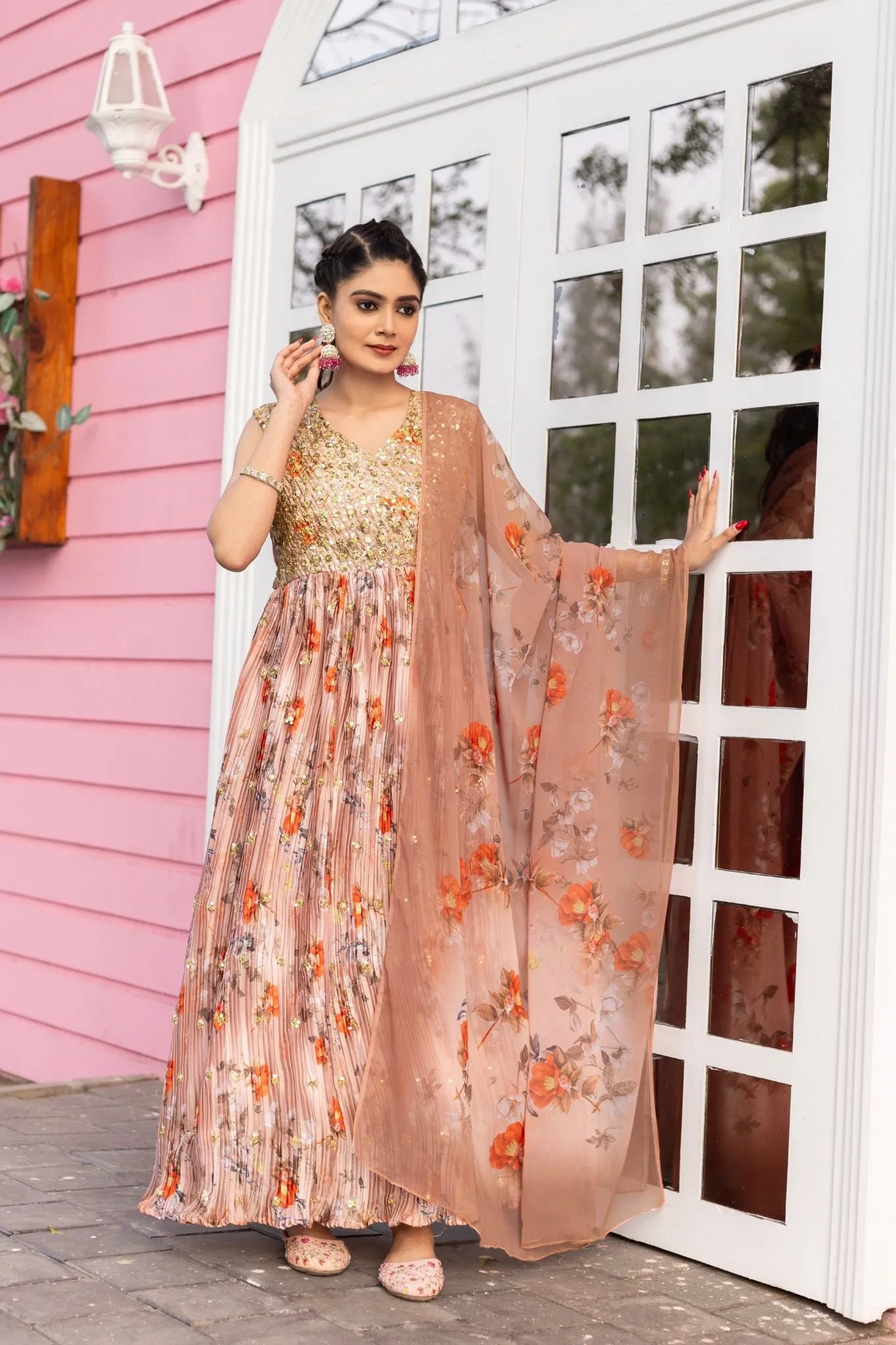 Rich Sequins Embroidered With Printed Designer Gown With Dupatta
