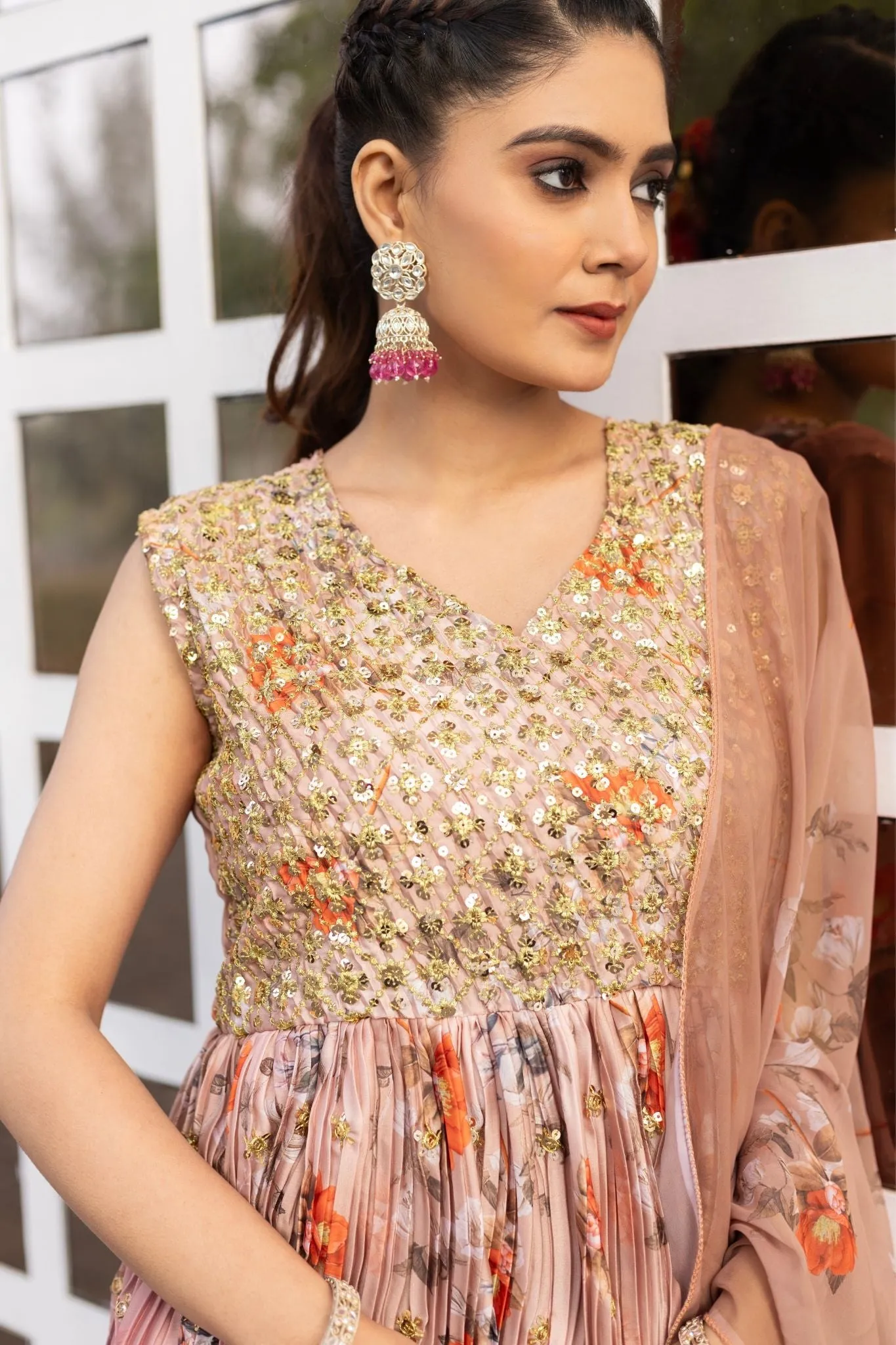 Rich Sequins Embroidered With Printed Designer Gown With Dupatta