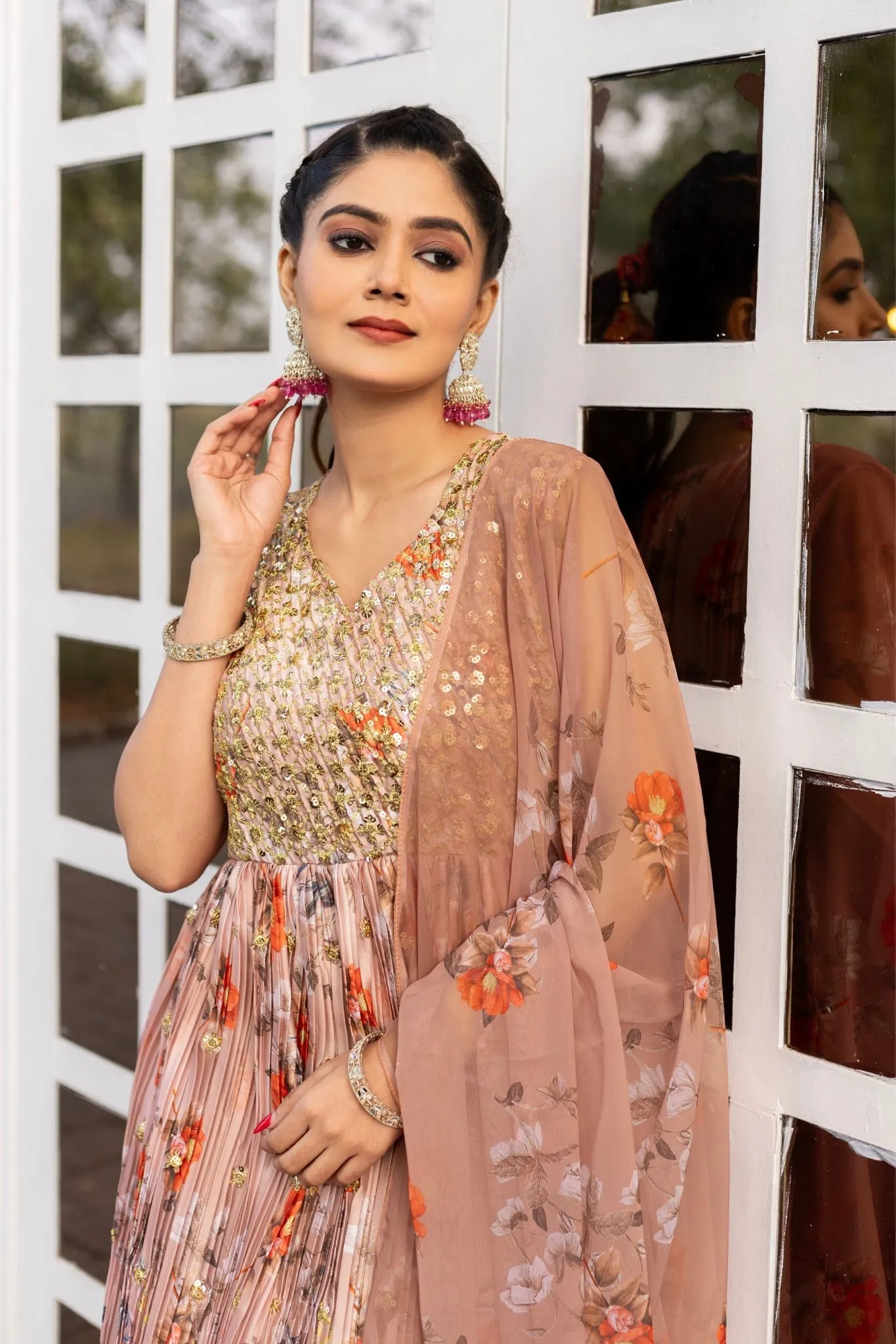 Rich Sequins Embroidered With Printed Designer Gown With Dupatta