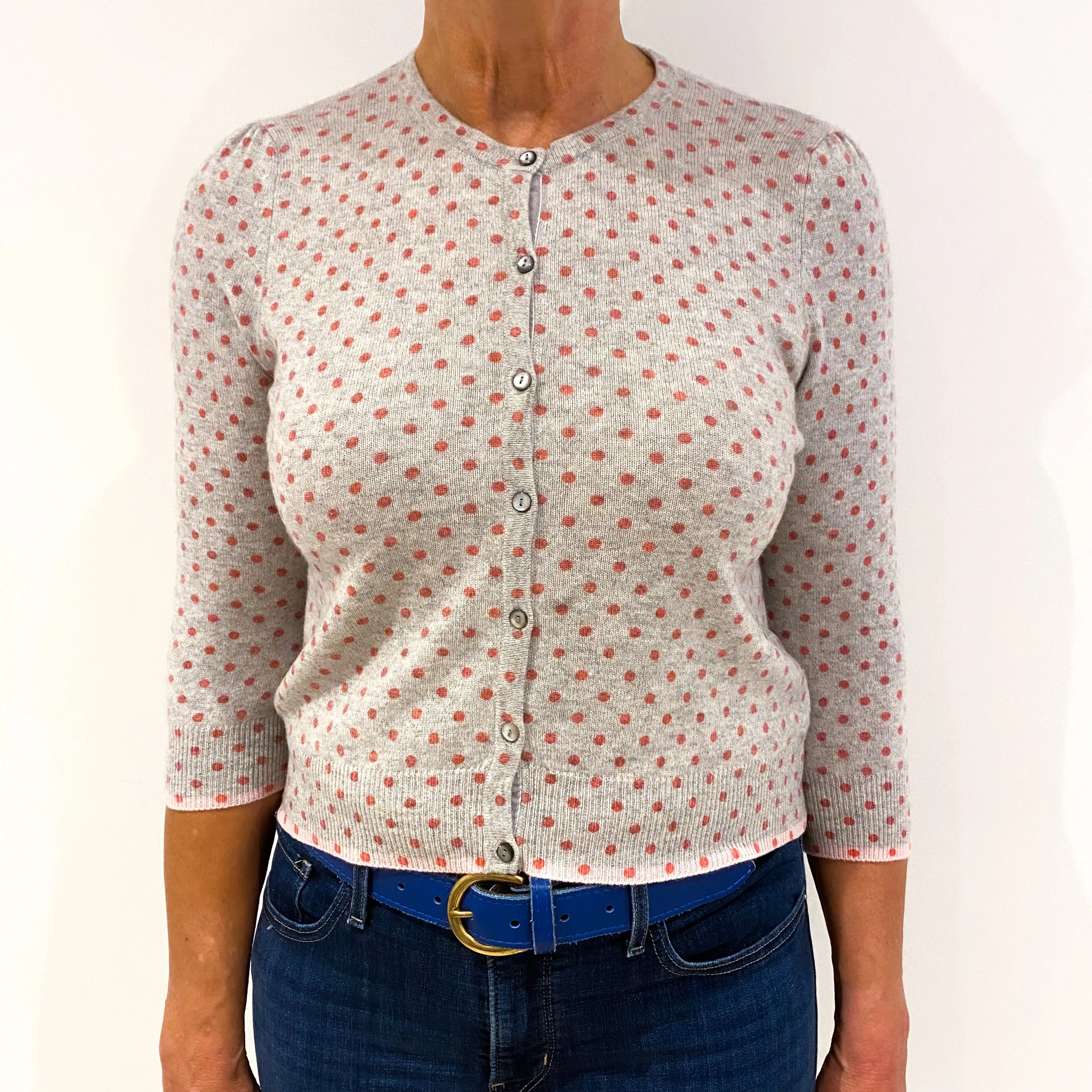 Shell Pink Spotted Cropped Cashmere Crew Neck Cardigan Medium