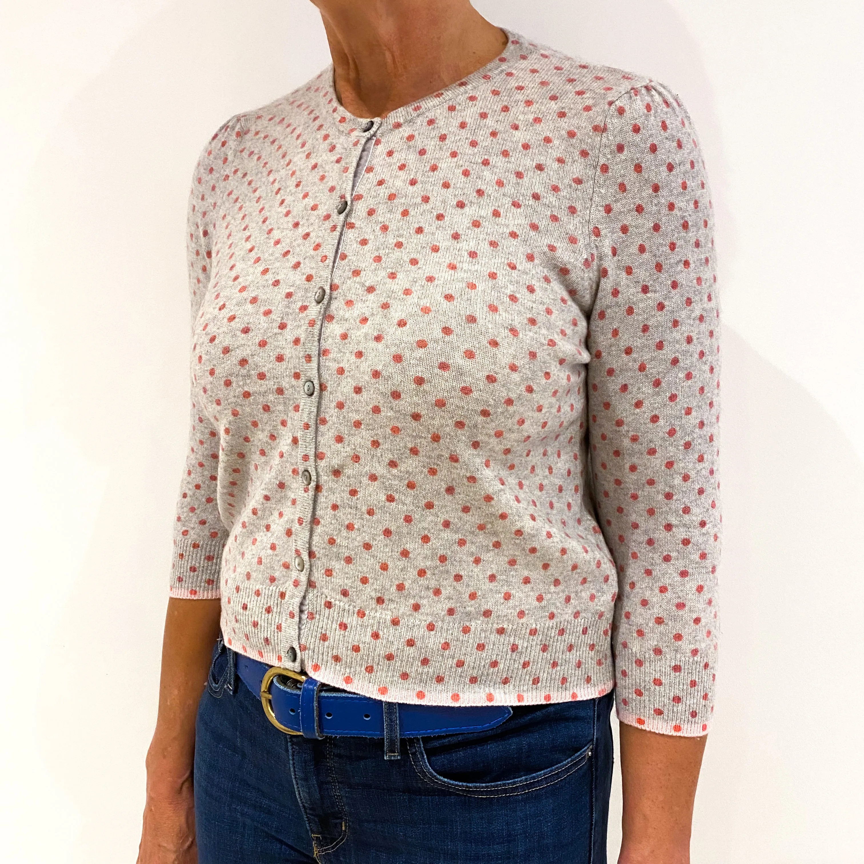 Shell Pink Spotted Cropped Cashmere Crew Neck Cardigan Medium