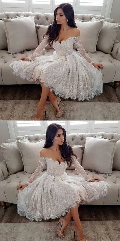 Short Lace Off Shoulders Wedding Dress Short Prom Dress with Sleeves