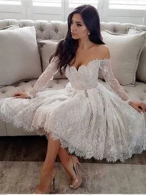 Short Lace Off Shoulders Wedding Dress Short Prom Dress with Sleeves