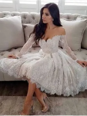 Short Lace Off Shoulders Wedding Dress Short Prom Dress with Sleeves