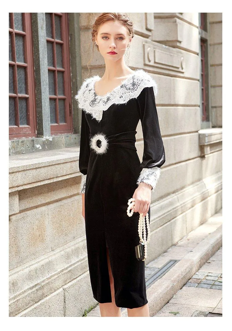 Siduo fall winter high-end black and white dress - Kalio