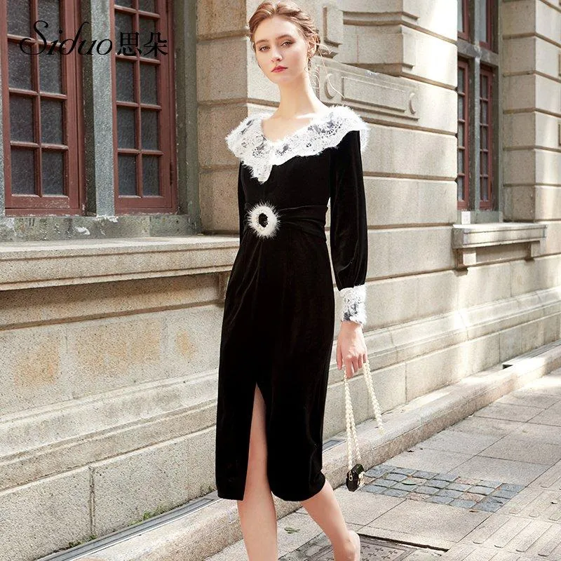 Siduo fall winter high-end black and white dress - Kalio