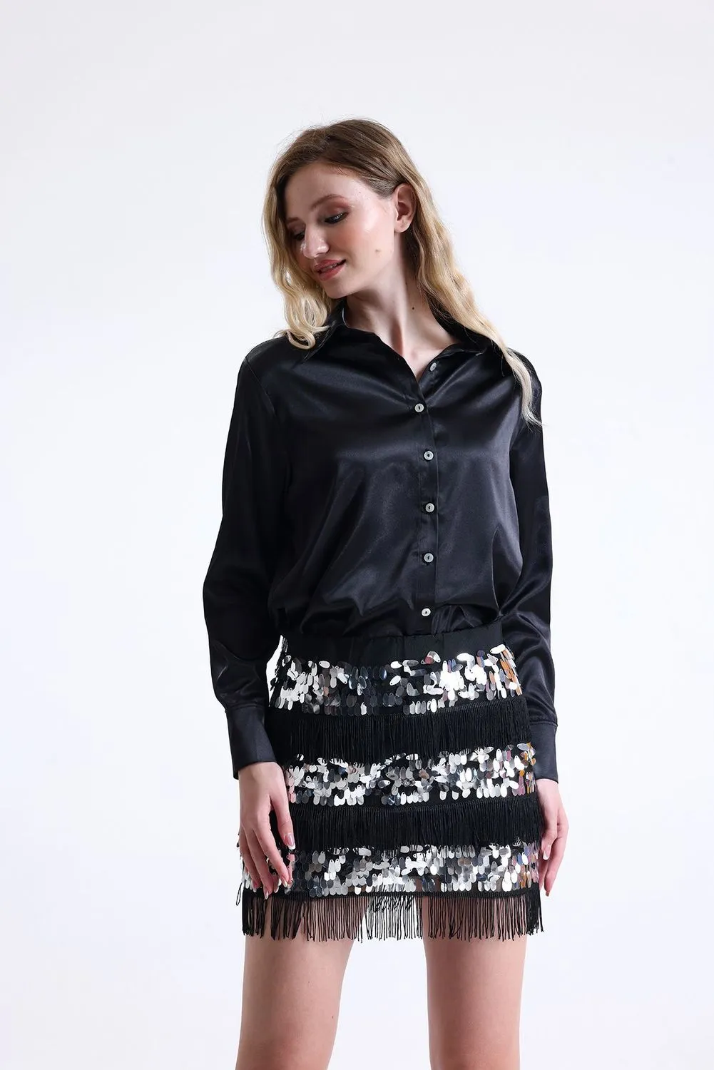 SNS Sense Black Sequin and Tassel Detailed Plus Size Evening Dress Mini Skirt - Cortlandt