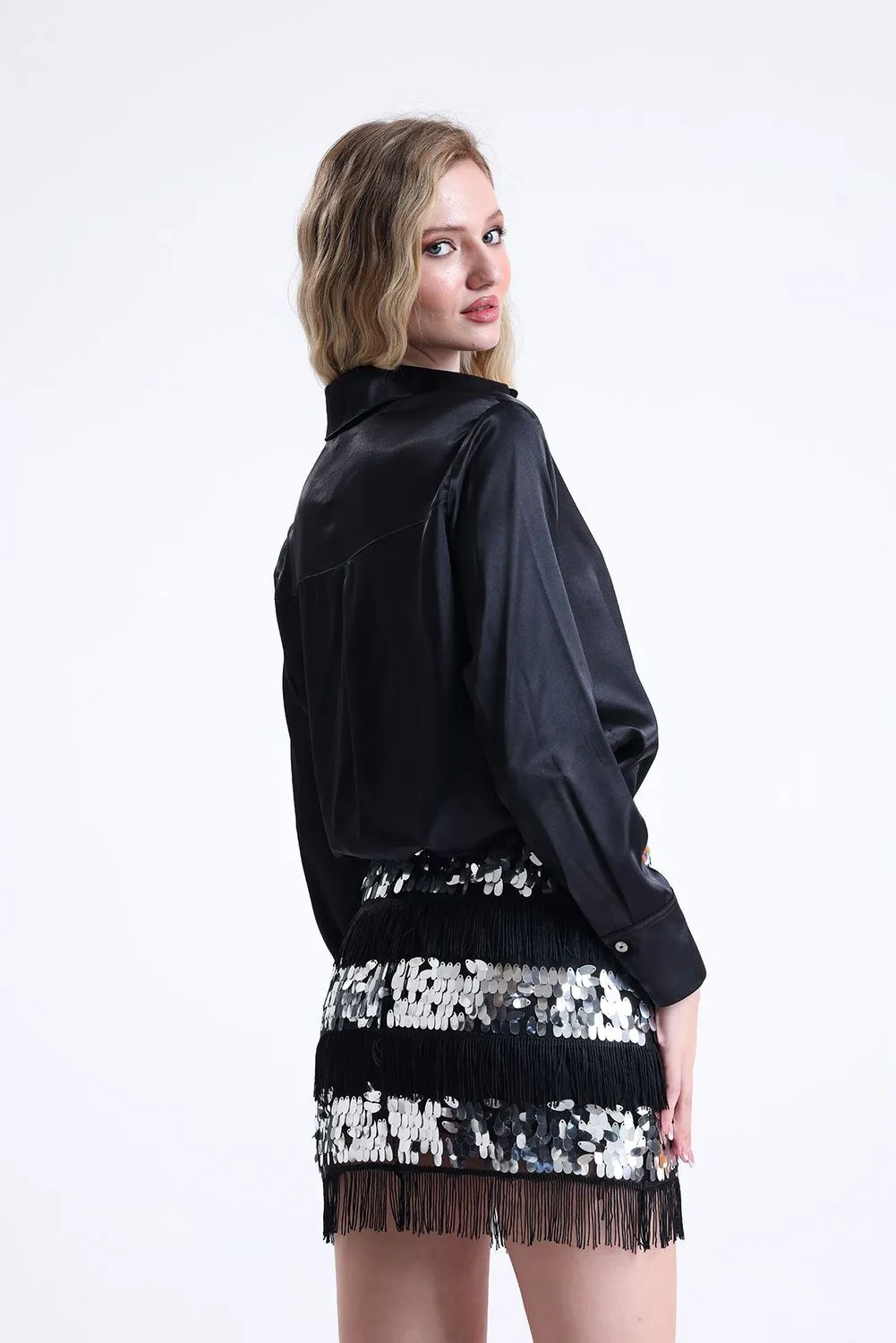 SNS Sense Black Sequin and Tassel Detailed Plus Size Evening Dress Mini Skirt - Cortlandt