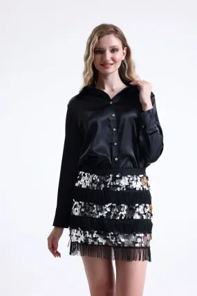 SNS Sense Black Sequin and Tassel Detailed Plus Size Evening Dress Mini Skirt - Cortlandt