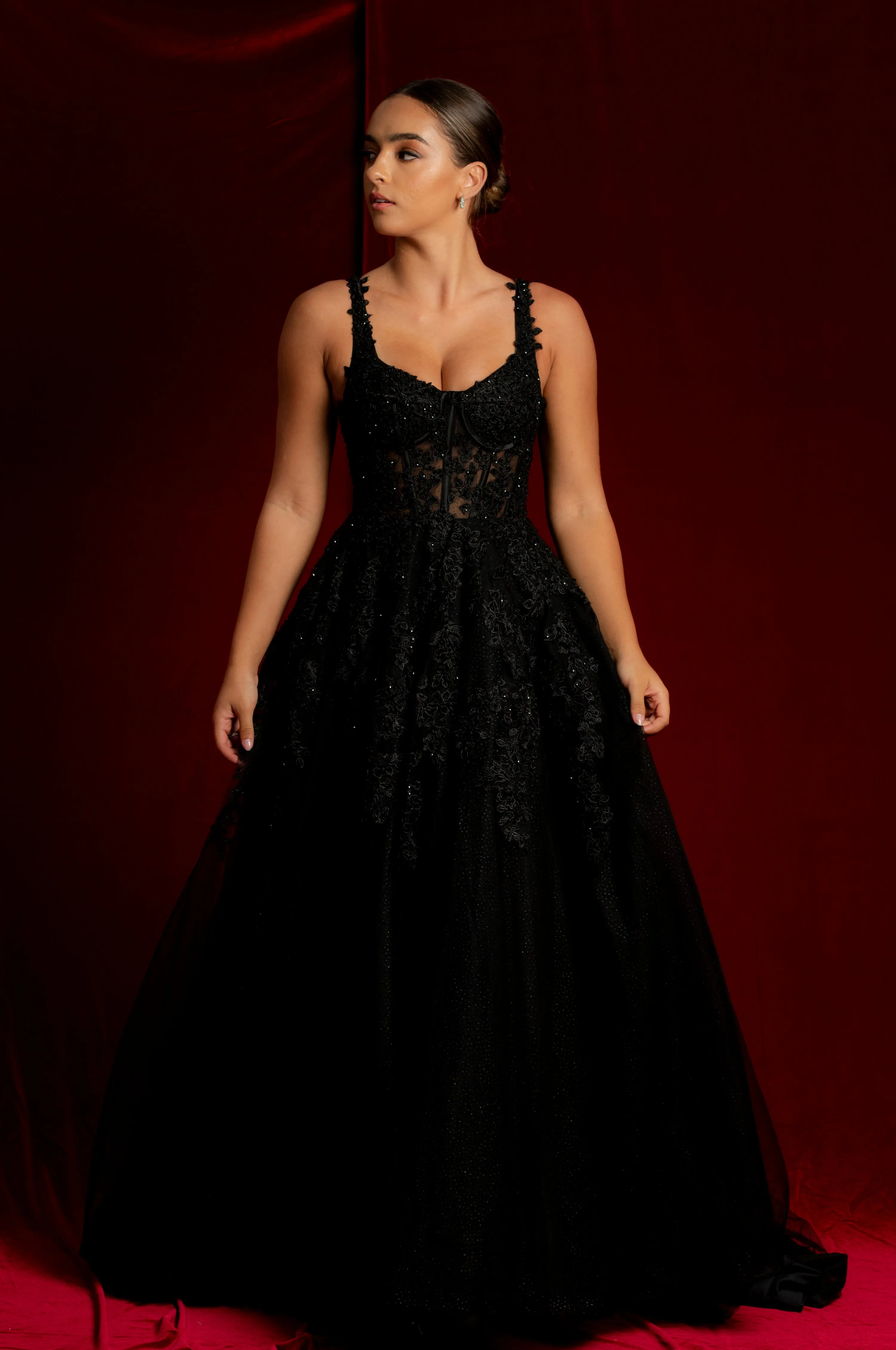 Sparkling black princess dress with square bustier top with straps