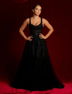 Sparkling black princess dress with square bustier top with straps