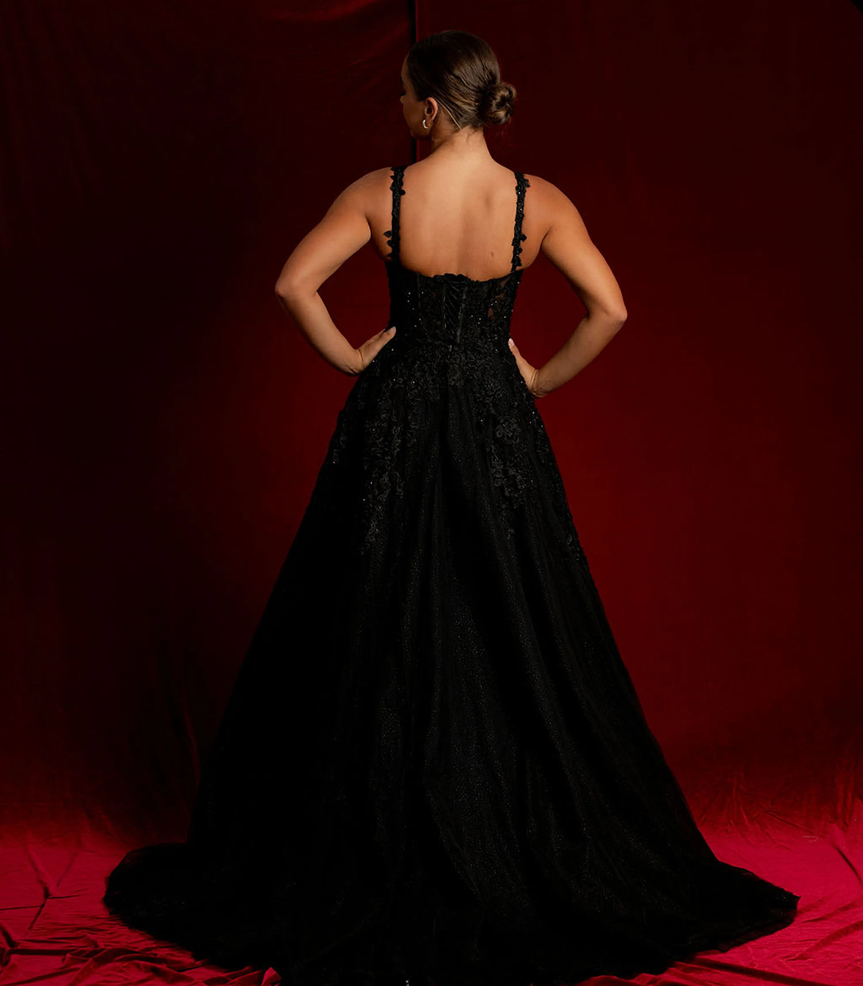 Sparkling black princess dress with square bustier top with straps