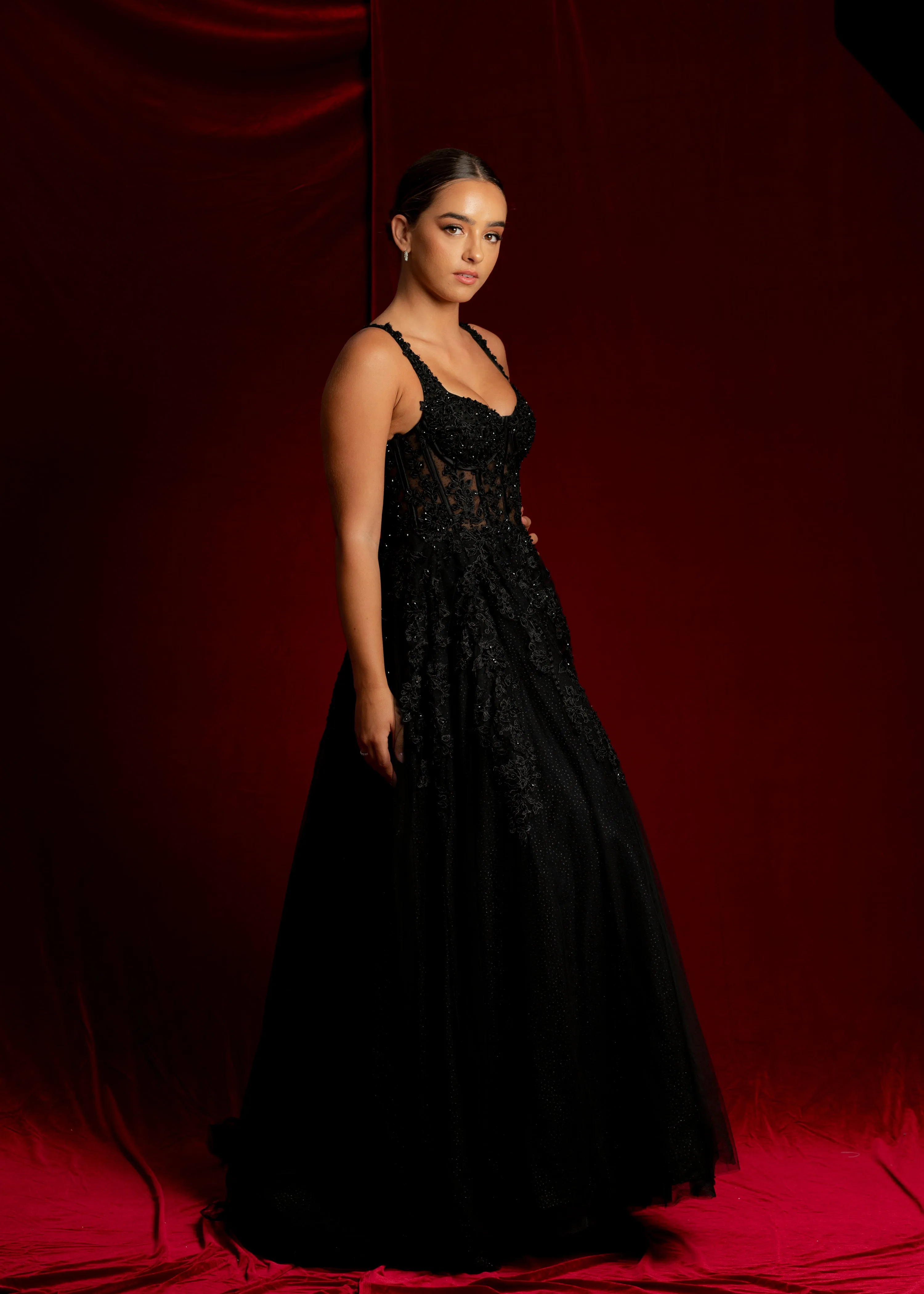 Sparkling black princess dress with square bustier top with straps