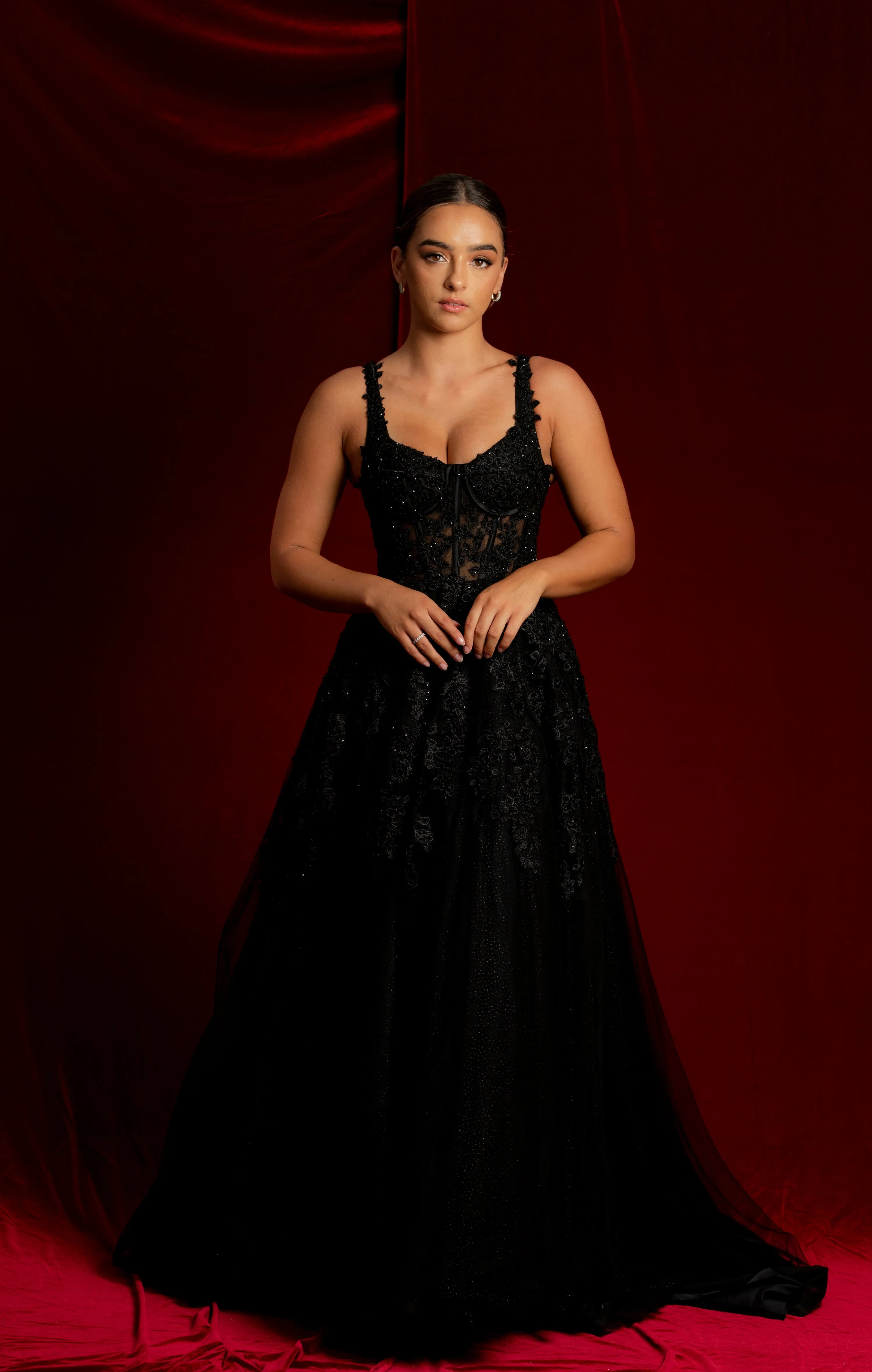Sparkling black princess dress with square bustier top with straps