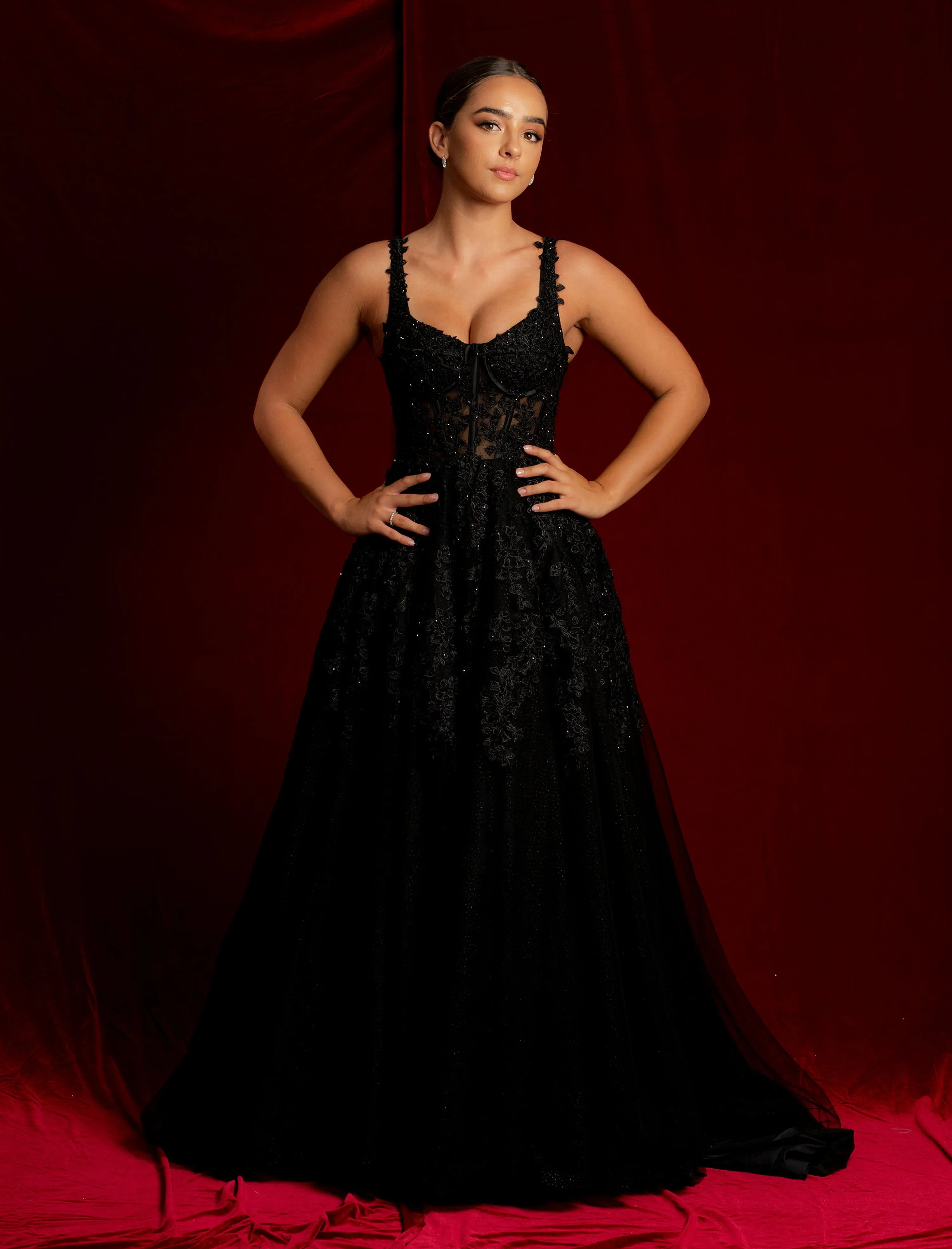 Sparkling black princess dress with square bustier top with straps