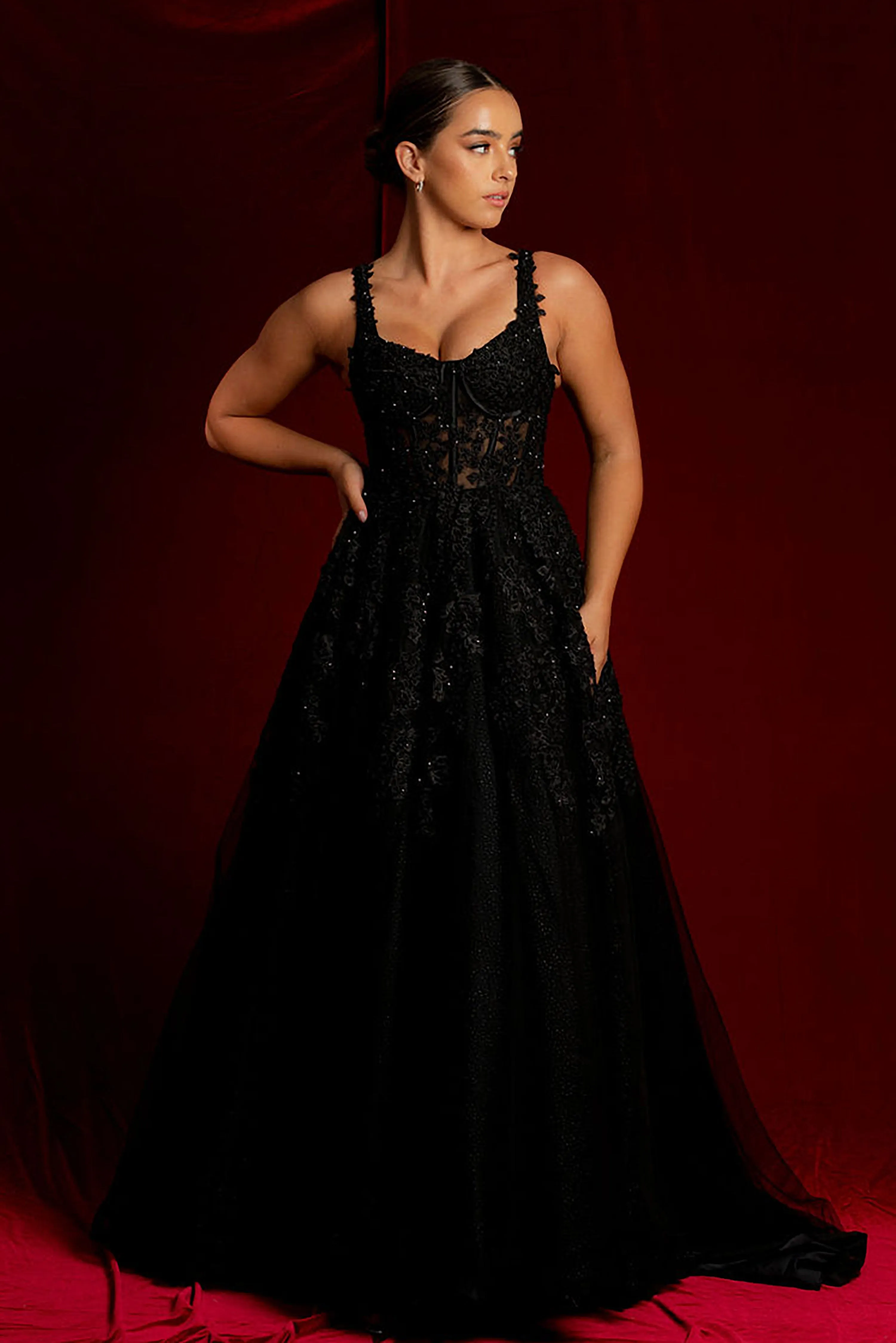 Sparkling black princess dress with square bustier top with straps