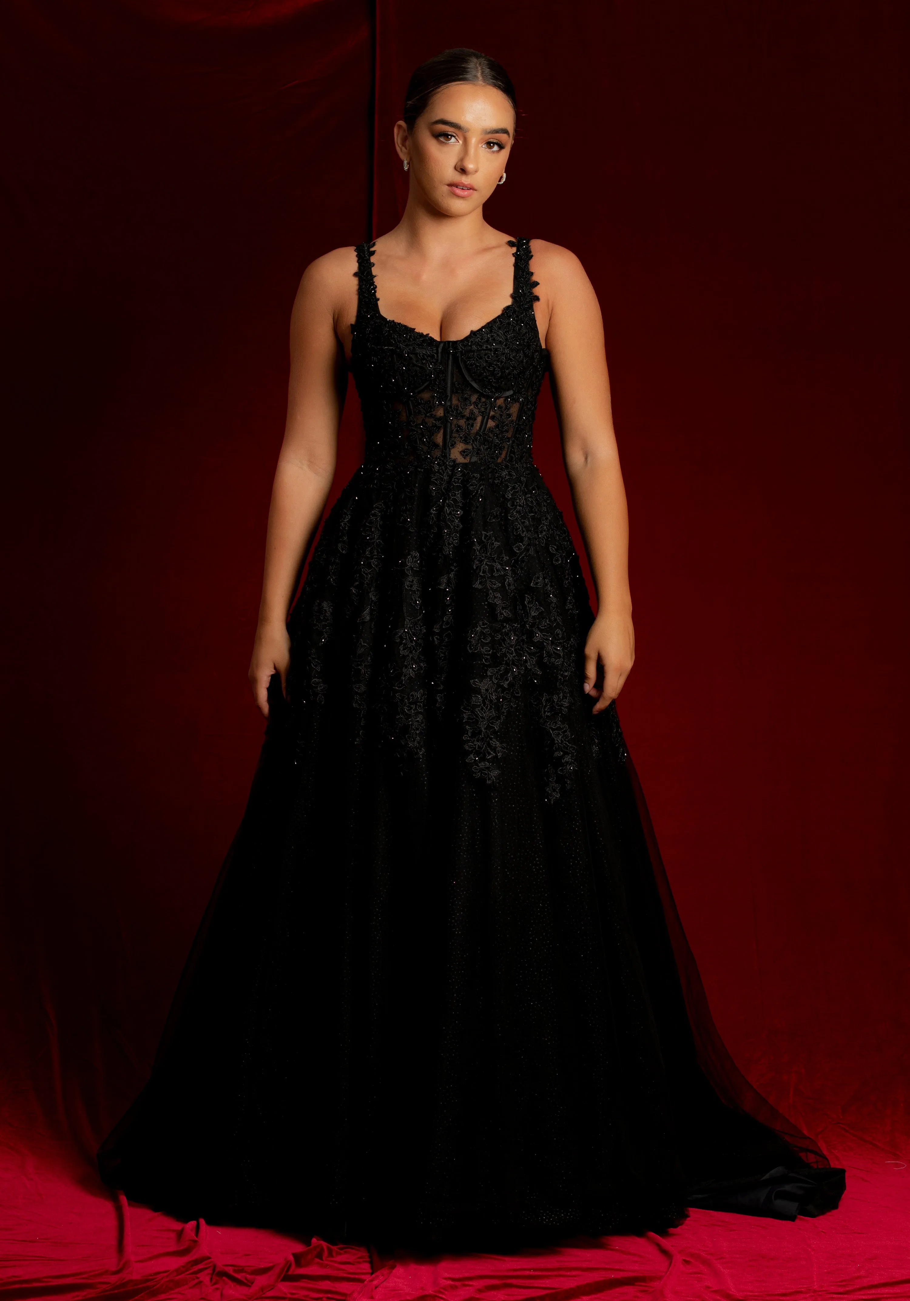 Sparkling black princess dress with square bustier top with straps