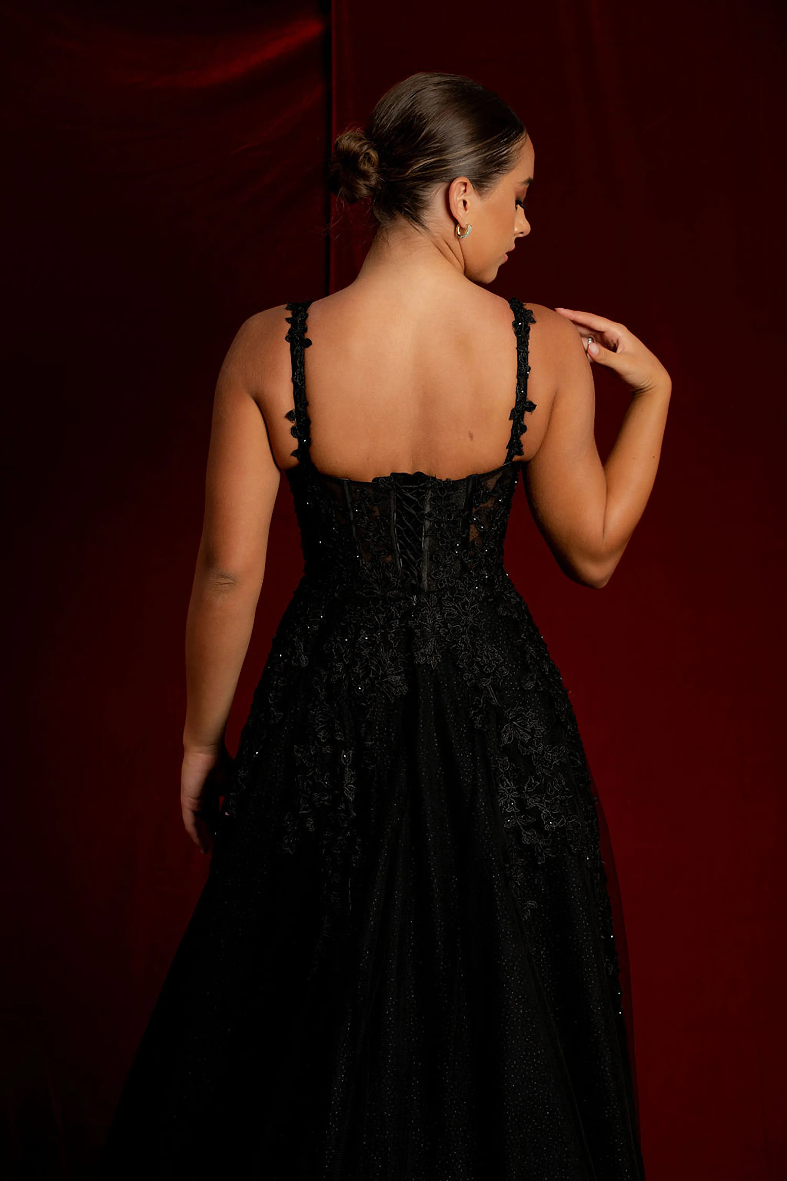 Sparkling black princess dress with square bustier top with straps