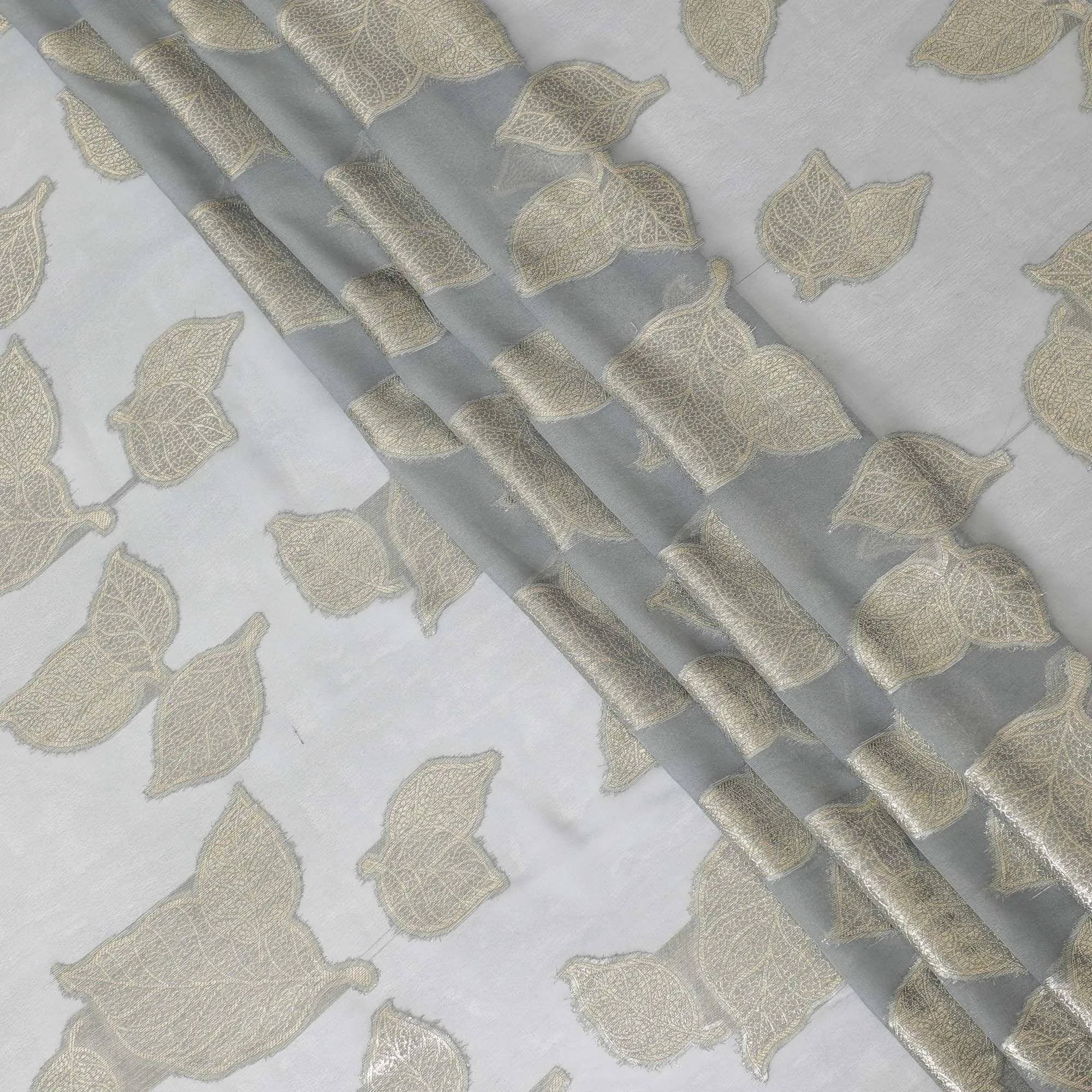 Stone grey Premium pure silk chiffon fabric with gold metallic lurex in Leaf design-D9716