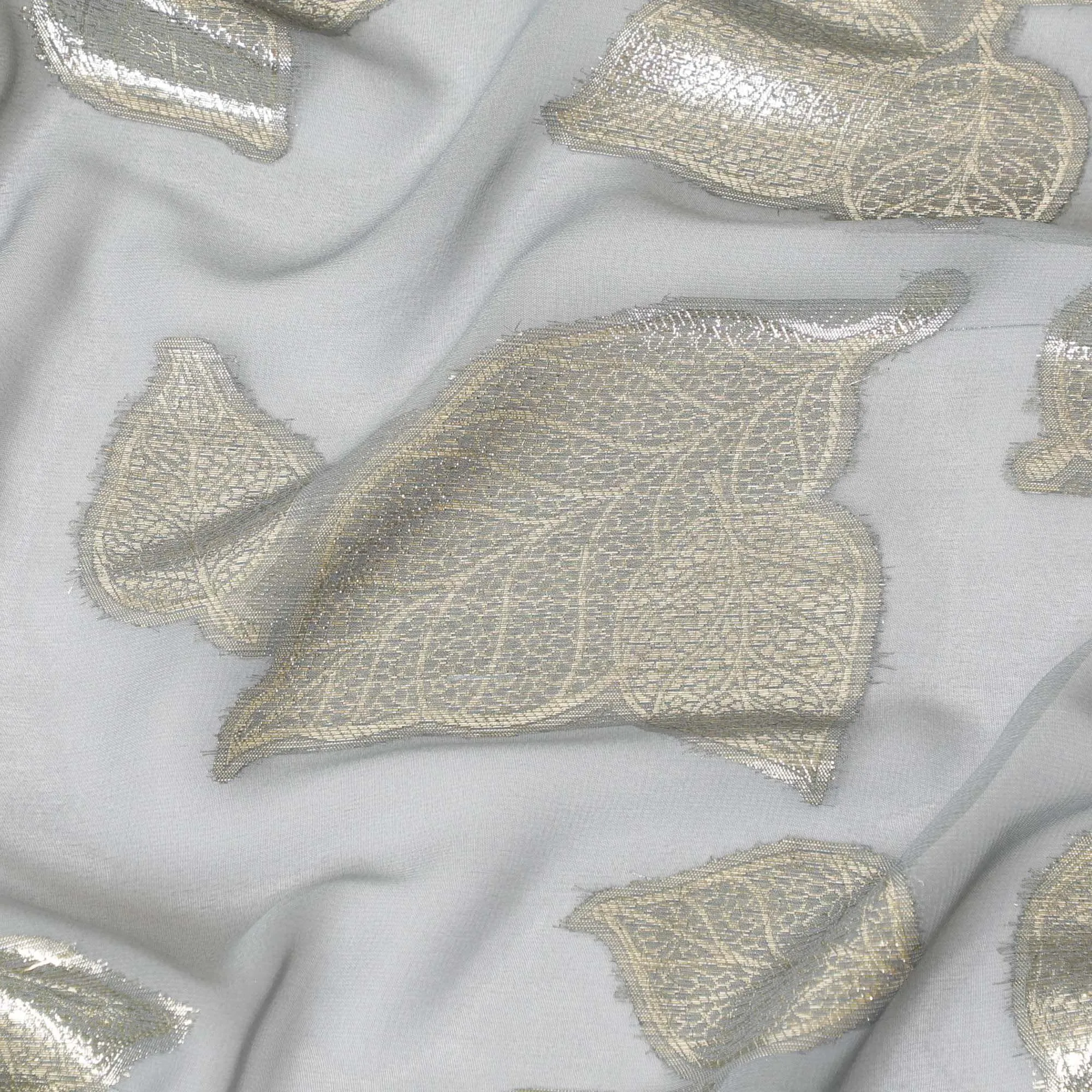 Stone grey Premium pure silk chiffon fabric with gold metallic lurex in Leaf design-D9716